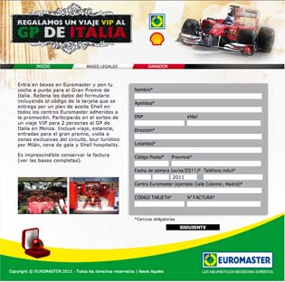 Application form in the Euromaster F1 Monza promotional website