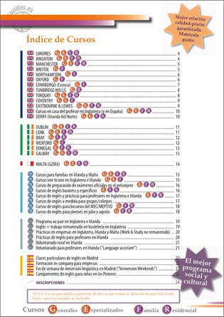 Index of the Aula Ingles brochure for adult students 2011